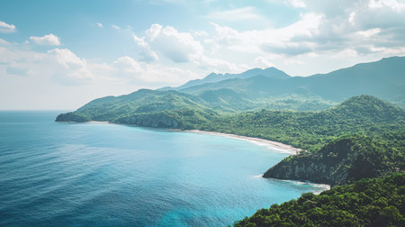 Beautiful seascape with mountains and blue sea. Panoramic viewの素材