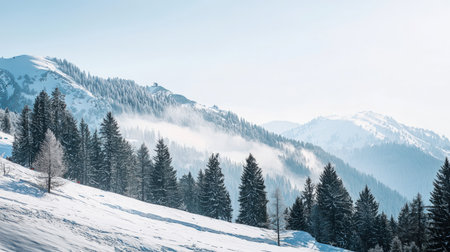 Beautiful winter landscape with snow covered fir trees and mountains in the backgroundの素材
