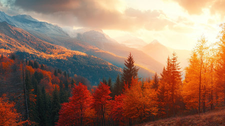 Colorful autumn landscape in the mountains. Sunrise in the mountains.の素材