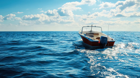 Boat in the sea, blue sky and white clouds background.の素材