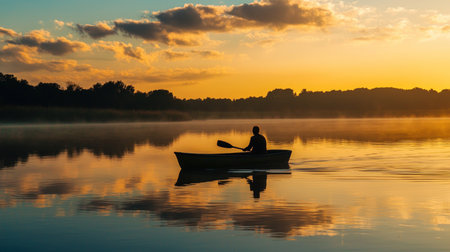 Silhouette of a man in a boat on the lake at sunriseの素材