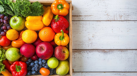 Fresh fruits and vegetables in a wooden box on a white wooden backgroundの素材