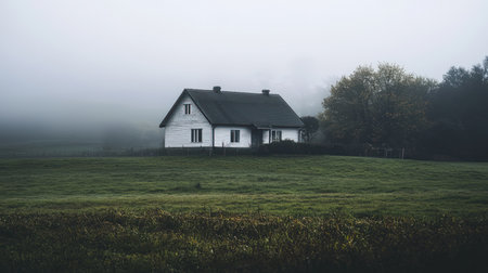 An old house in the middle of a foggy meadow.の素材