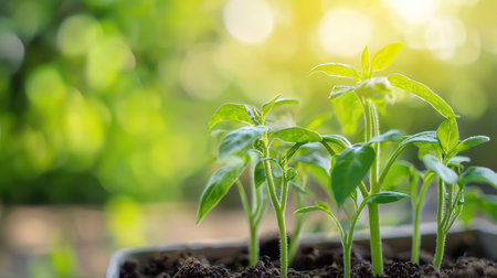 Young seedlings of pepper in peat pots on a blurred green backgroundの素材