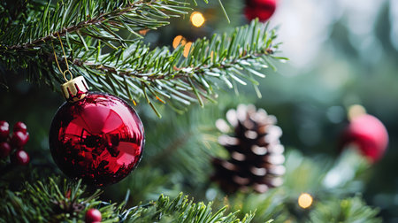 Christmas tree decoration with red ball and pine cones on bokeh backgroundの素材