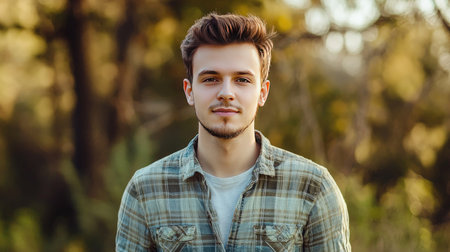 Handsome young man in plaid shirt looking at camera in autumn forestの素材