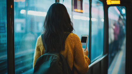 Young woman using mobile phone at the train station, rear view.の素材