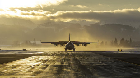 Airplane taking off from the runway in a foggy morning.の素材