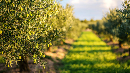 Olive tree with green olives in olive grove on sunny dayの素材