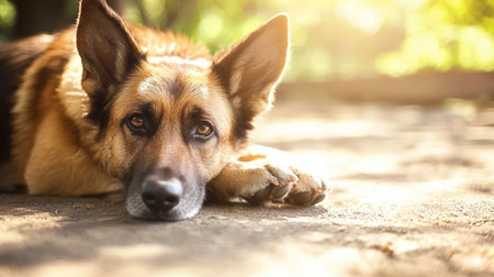 German shepherd dog lying on the ground in the garden. Selective focus.の素材