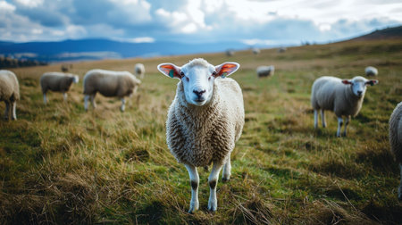 Sheep on the meadow in Scotland. Sheeps in the Scottish Highlands.の素材