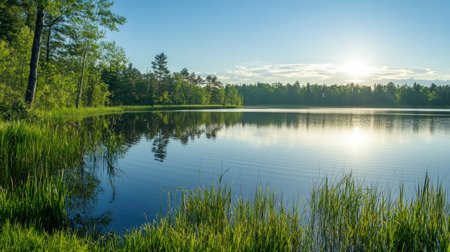 Beautiful summer landscape with a lake, forest and blue sky.の素材