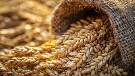 Wheat ears in a burlap bag on the background of wheat fieldの素材