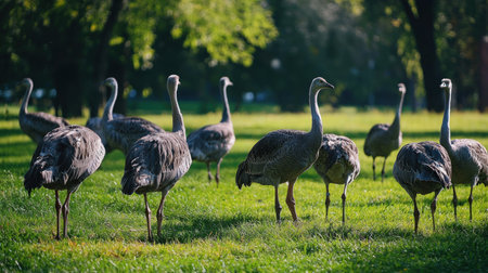Flock of sandhill cranes walking on a green meadowの素材