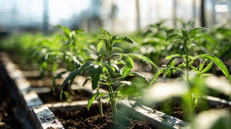 Young seedlings of cannabis in a greenhouse. Cultivation of cannabisの素材