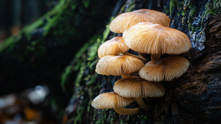 Mushrooms growing on an old stump in the forest in autumnの素材