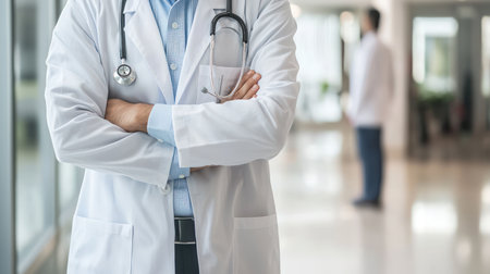 Male doctor with stethoscope standing in hospital corridor. Medical and healthcare concept.の素材