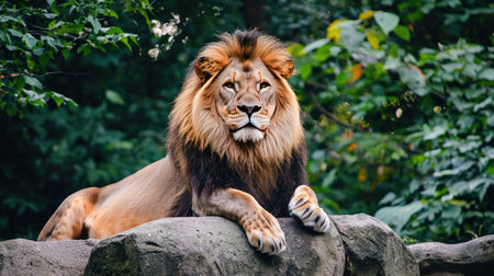 Portrait of a male lion sitting on a rock in the zooの素材