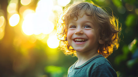 Portrait of a smiling little boy in the park at sunset.の素材