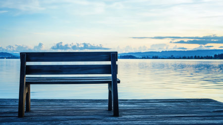 Wooden chair on the pier with the lake in the background.の素材