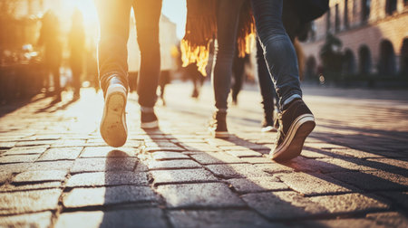 Close up of legs of couple walking on the city street at sunsetの素材