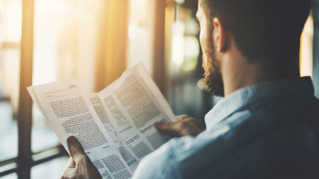 Businessman reading newspaper. Close up of young bearded man reading newspaper in cafe.の素材