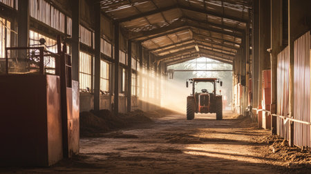 Tractor in the barn at sunset. Tractor in the barnの素材