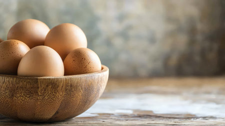 Eggs in a wooden bowl on a wooden background. Selective focus.の素材