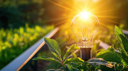 Light bulb in the garden with nature background. Green energy concept.の素材
