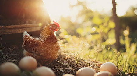 Hen and eggs on the grass in the sun. Happy easterの素材