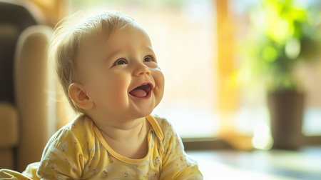 Cute little baby girl laughing and looking up at copy space. Adorable child in yellow bodysuit.の素材