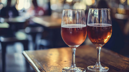 Two glasses of beer on a wooden table in a pub or restaurantの素材