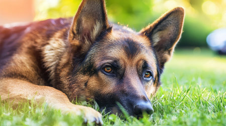 German shepherd dog lying on the grass in the garden in summer.の素材