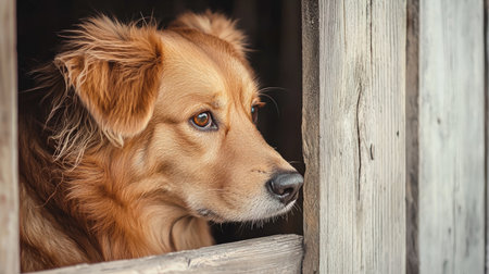 Portrait of a golden retriever dog in a wooden house.の素材