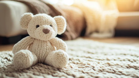 Soft toy teddy bear on the bed in the living room.の素材