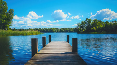 Wooden pier on the lake. Beautiful summer landscape with blue sky.の素材