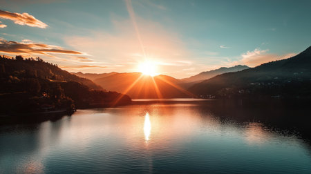 Sunset over Bohinj lake, Slovenia. Panoramic viewの素材