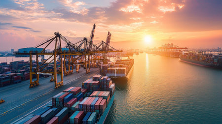 Container Cargo freight ship with working crane bridge at sunset for Logistic Import Export backgroundの素材