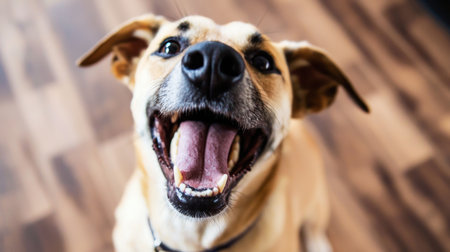 Close-up of a dog yawning on the floor at homeの素材