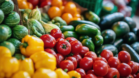 Variety of fresh vegetables at the farmers market. Soft focus.の素材
