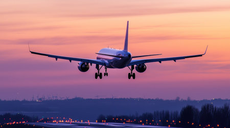 Airplane flying in the sky at sunset. Business travel concept.の素材
