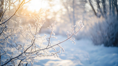 Beautiful winter landscape with frosty trees and snow in sunny dayの素材