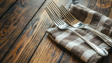 Knife and fork on napkin on wooden background with copy spaceの素材