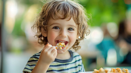 Adorable little boy having breakfast outdoors on beautiful summer day, eating corn flakesの素材