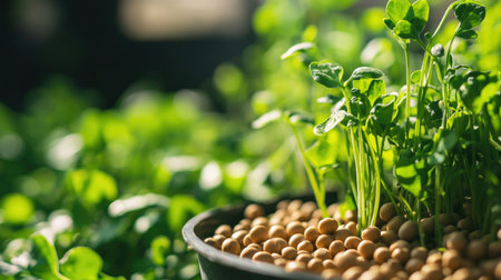 Microgreen sprouts. Sprouts of green peas in a pot on a blurred backgroundの素材