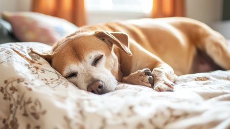 Portrait of a cute dog sleeping on the bed at home.の素材