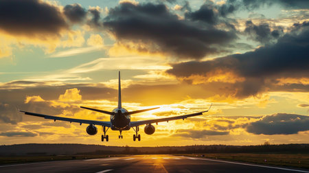 Airplane taking off from runway at sunset with clouds in the backgroundの素材