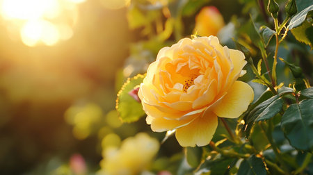 Beautiful yellow rose blooming in garden, closeup. Space for textの素材