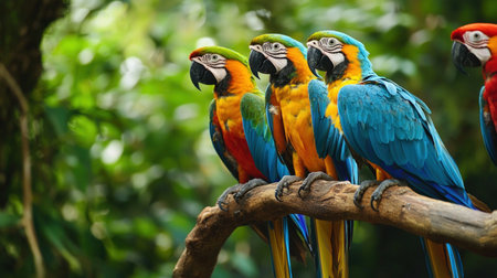Colourful macaws sitting on a branch in the rainforestの素材