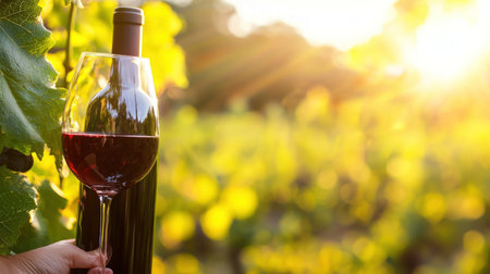 Bottle of red wine on vineyard in sunset light. Toned.の素材